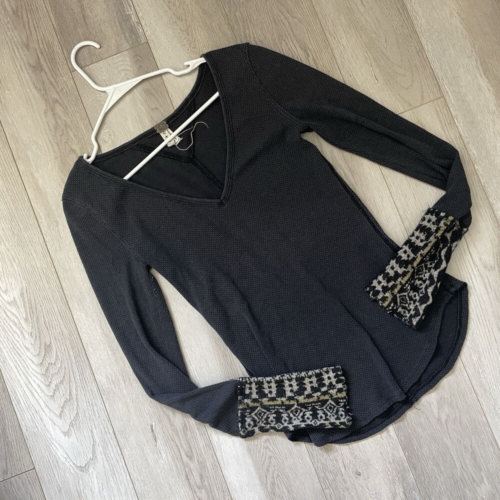 Free People Shirt art school cuff mixed print thermal womens Black (large) boho